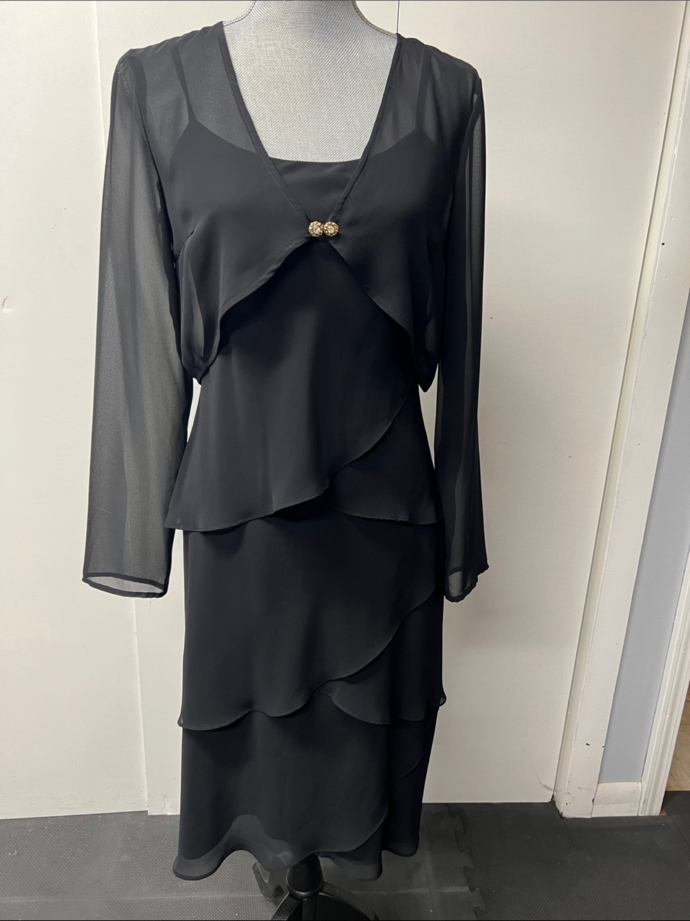 Chadwicks Black Layered Chiffon Evening Dress with Sheer Jacket